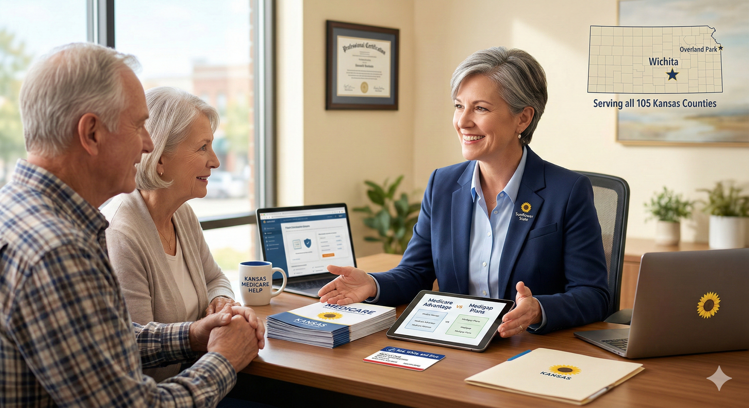 Friendly Kansas Medicare Agent helping a couple compare plans in Wichita and Overland Park